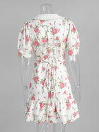 Floral Print Puff Sleeves Mini Dress With Peter Pan Collar And Back Lace-up For Summer 2026