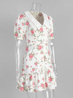 Floral Print Puff Sleeves Mini Dress With Peter Pan Collar And Back Lace-up For Summer 2026