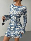 Bell Sleeves Waisted Landscape Printed Maxi Ruffle Dress