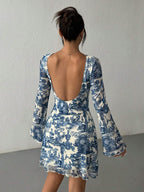 Bell Sleeves Waisted Landscape Printed Maxi Ruffle Dress