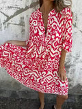 Buttoned V Neck Half Sleeves Printed A-line Dress