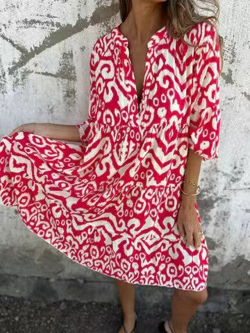 Buttoned V Neck Half Sleeves Printed A-line Dress