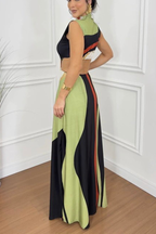 Bettie Printed High Neck Square Buckle Cutout Waist Maxi Dress