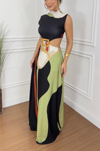 Bettie Printed High Neck Square Buckle Cutout Waist Maxi Dress