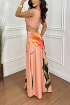 Bettie Printed High Neck Square Buckle Cutout Waist Maxi Dress