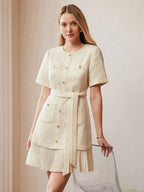 Apricot Tweed Dress With Short Sleeves And Gold Buttons For Summer 2026
