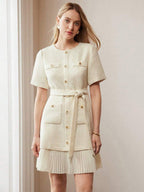 Apricot Tweed Dress With Short Sleeves And Gold Buttons For Summer 2026