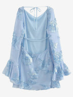 Light Blue Flower Embroidered Dress With Bell Sleeves And Open Back For Fall 2026