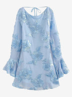 Light Blue Flower Embroidered Dress With Bell Sleeves And Open Back For Fall 2026