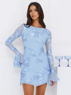 Light Blue Flower Embroidered Dress With Bell Sleeves And Open Back For Fall 2026