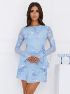 Light Blue Flower Embroidered Dress With Bell Sleeves And Open Back For Fall 2026