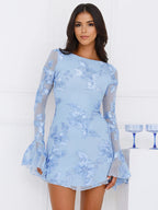 Light Blue Flower Embroidered Dress With Bell Sleeves And Open Back For Fall 2026
