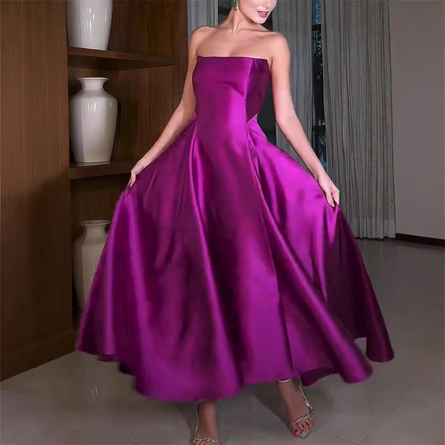 Strapless Lace-up High Slit Satin Maxi Party Dress