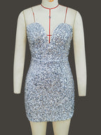 Sequin Bodycon Mini Dress With Sweetheart Neck And Bow Back For Parties 2026