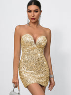 Sequin Bodycon Mini Dress With Sweetheart Neck And Bow Back For Parties 2026