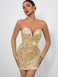 Sequin Bodycon Mini Dress With Sweetheart Neck And Bow Back For Parties 2026