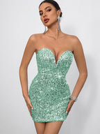 Sequin Bodycon Mini Dress With Sweetheart Neck And Bow Back For Parties 2026