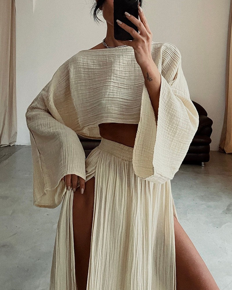 Fashionable lace-up slit cotton and linen two-piece set