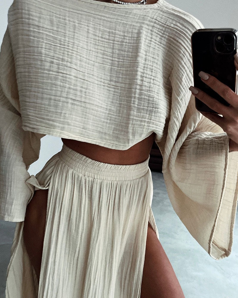 Fashionable lace-up slit cotton and linen two-piece set