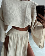 Fashionable lace-up slit cotton and linen two-piece set