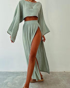 Fashionable lace-up slit cotton and linen two-piece set