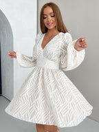 Jacquard Mini Dress With V-Neck And Long Sleeves For Summer 2026