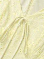Yellow Eyelet Mini Dress With V-Neck And Puff Sleeves For Summer 2026
