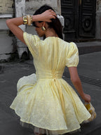 Yellow Eyelet Mini Dress With V-Neck And Puff Sleeves For Summer 2026