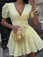 Yellow Eyelet Mini Dress With V-Neck And Puff Sleeves For Summer 2026