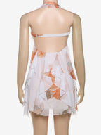 Starfish Halter Neck Mini Dress for Women - Fairycore Ruched Ruffle Hem Chiffon Flowy Party Dress - Summer Beach 2026