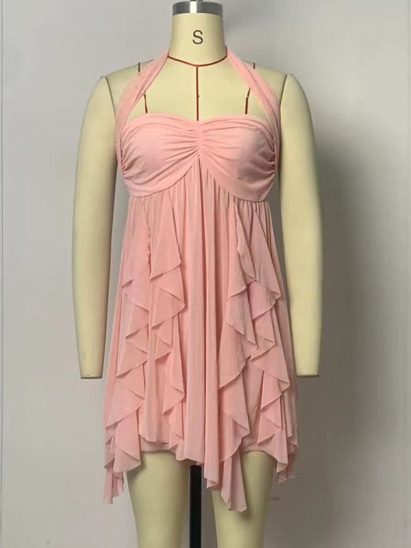 Starfish Halter Neck Mini Dress for Women - Fairycore Ruched Ruffle Hem Chiffon Flowy Party Dress - Summer Beach 2026