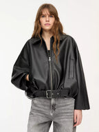 Oversized Faux Leather Bomber Jacket With Belt For Autumn 2026