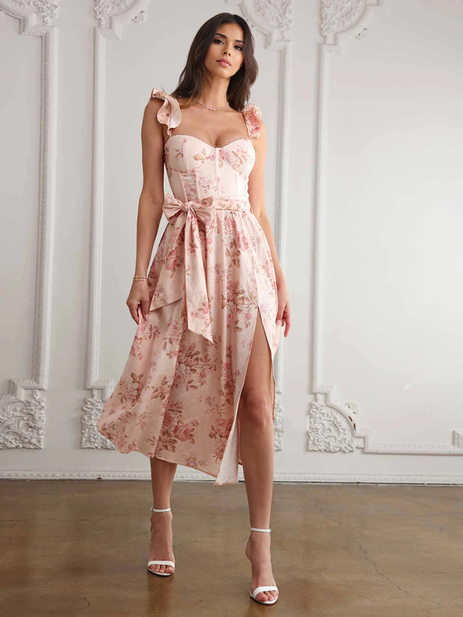 Sleeveless Floral Midi Dress With Sweetheart Neck And High Slit For Summer 2026