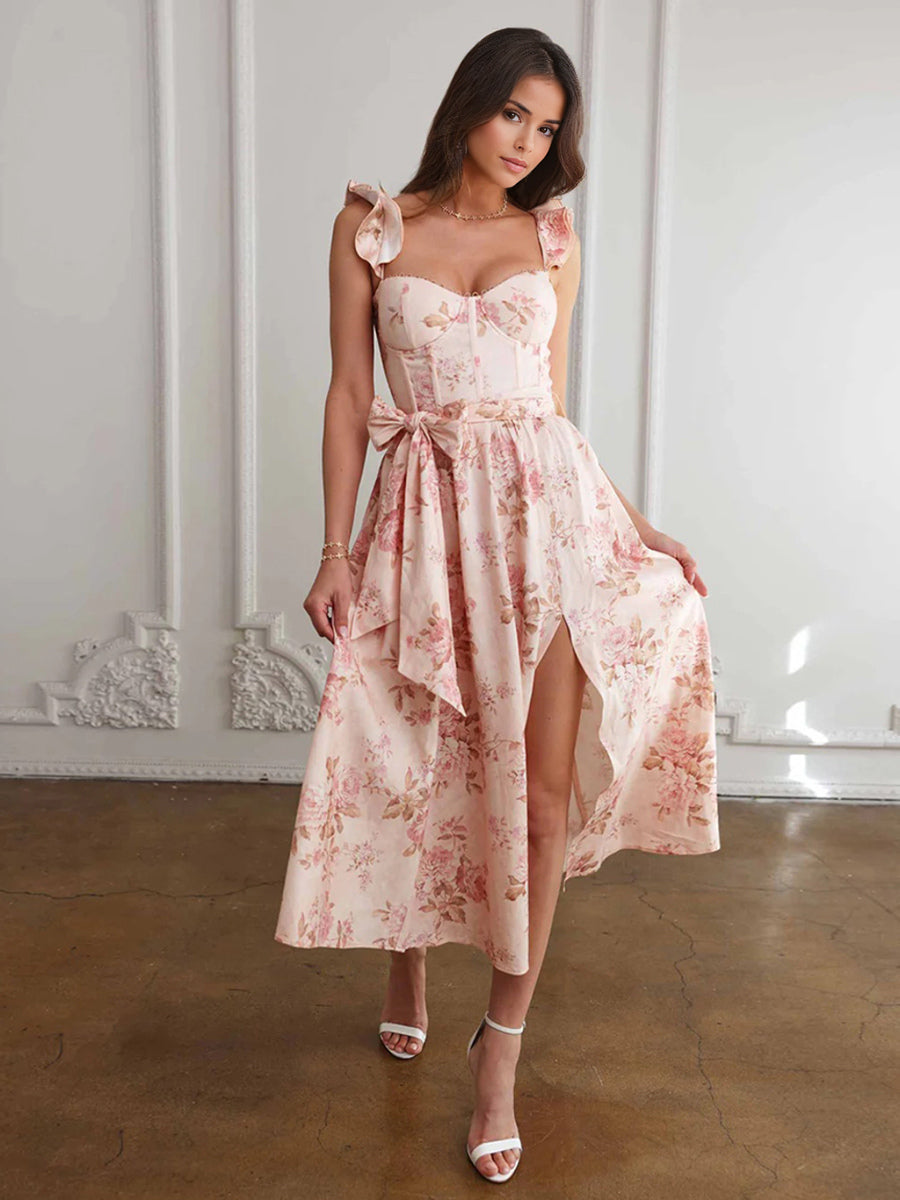 Sleeveless Floral Midi Dress With Sweetheart Neck And High Slit For Summer 2026
