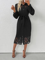 Long Sleeve Lace Trimmed Midi Shirt Dress With Belt And Side Slit For Autumn 2026
