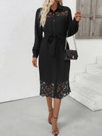 Long Sleeve Lace Trimmed Midi Shirt Dress With Belt And Side Slit For Autumn 2026