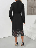 Long Sleeve Lace Trimmed Midi Shirt Dress With Belt And Side Slit For Autumn 2026