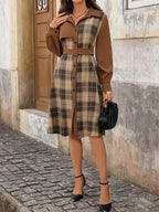 Plaid Corduroy Long Sleeve Midi Dress With Belt For Autumn 2026