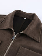 Brown Suede Cropped Zip-up Jacket With Pockets For Women 2026