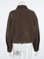 Brown Suede Cropped Zip-up Jacket With Pockets For Women 2026