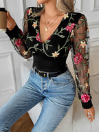 Floral Embroidered V-Neck Long Sleeves Blouse For Women 2026