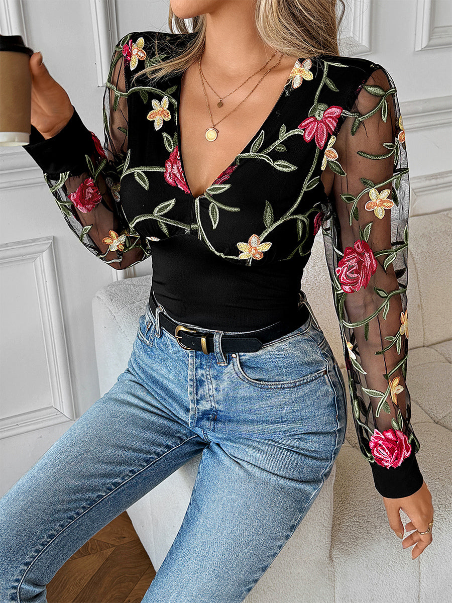 Floral Embroidered V-Neck Long Sleeves Blouse For Women 2026