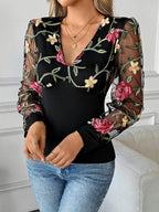 Floral Embroidered V-Neck Long Sleeves Blouse For Women 2026
