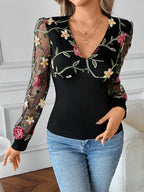 Floral Embroidered V-Neck Long Sleeves Blouse For Women 2026