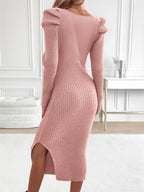 Bodycon Rib-Knit Midi Dress With Square Neck And Puff Sleeves For Women 2026