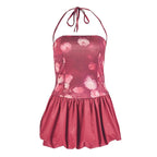 Halter flower print self tie ruched mini dress  | Festival Outfits Women