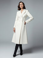 White Woolen Double-Breasted Midi Coat With Sharp Lapel And X-Line For Women 2026
