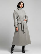 Belted Woolen Stand-Collar Long Winter Coat With Functional Pockets For Women 2026