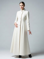 White Woolen Full-Length Coat With Stand Collar And A-Line Silhouette For Women 2026