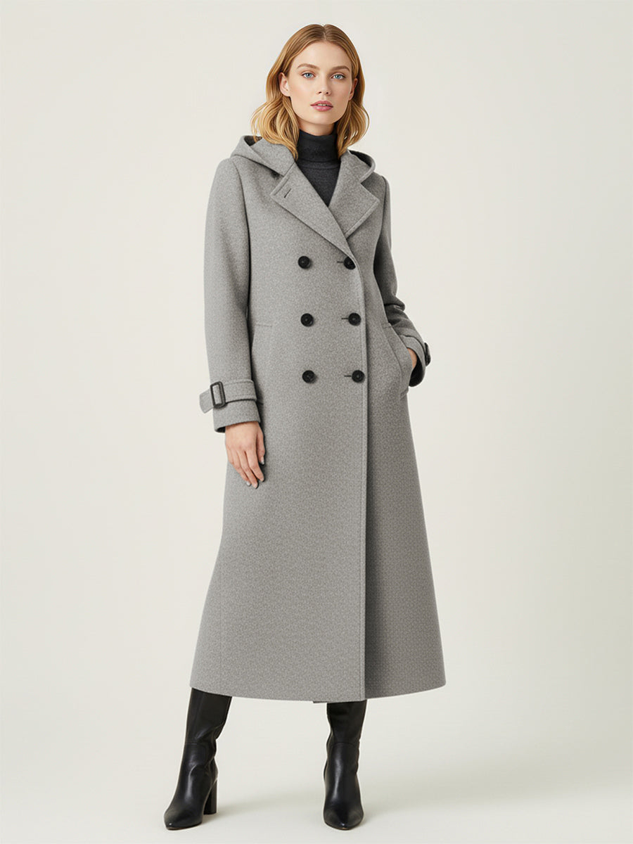Hooded Double-Breasted Long Woolen Coat With Cuff Tabs For Women 2026